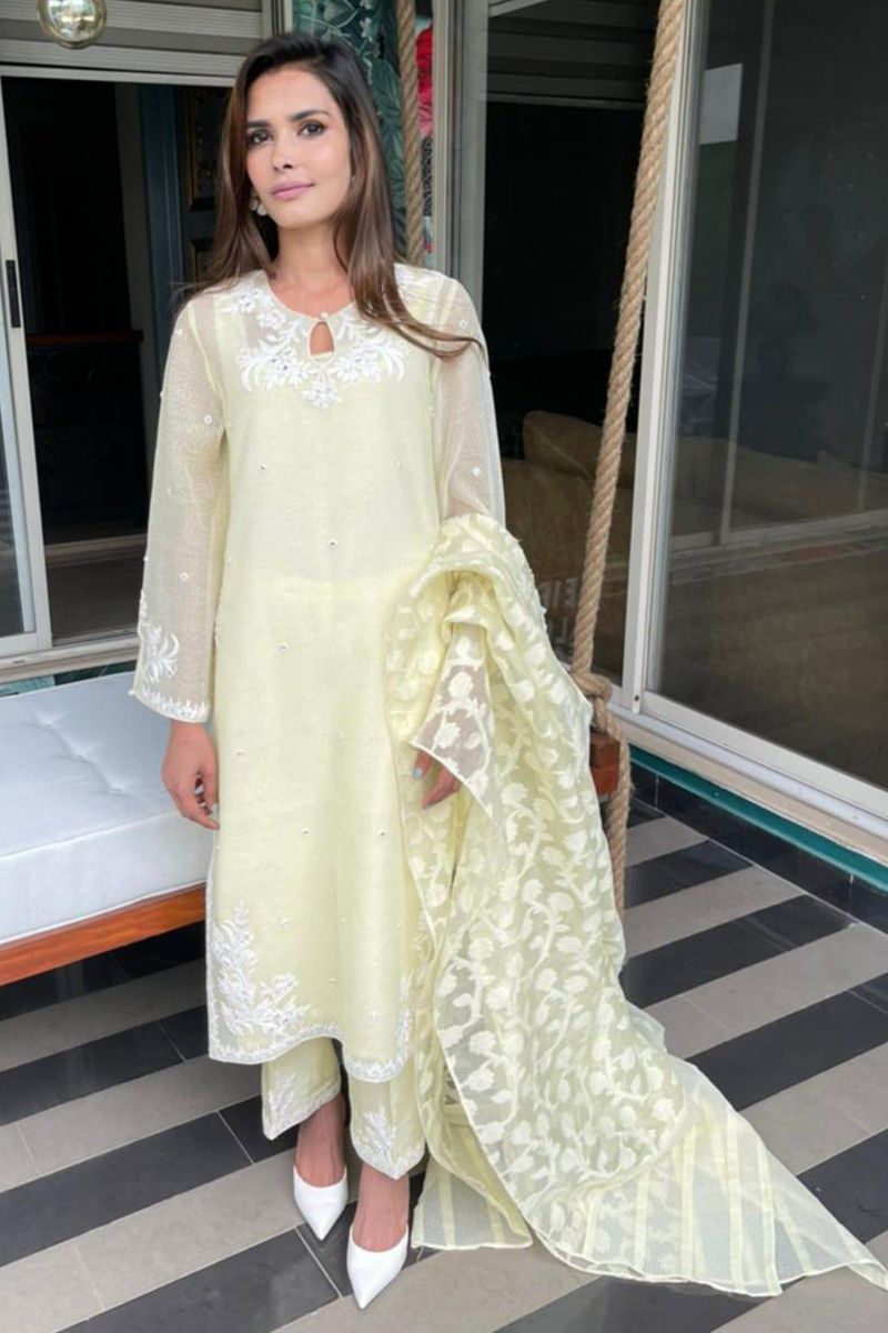 Irum Ghani Trends - Summer zest - Lime Yellow - 3 Piece - Organza