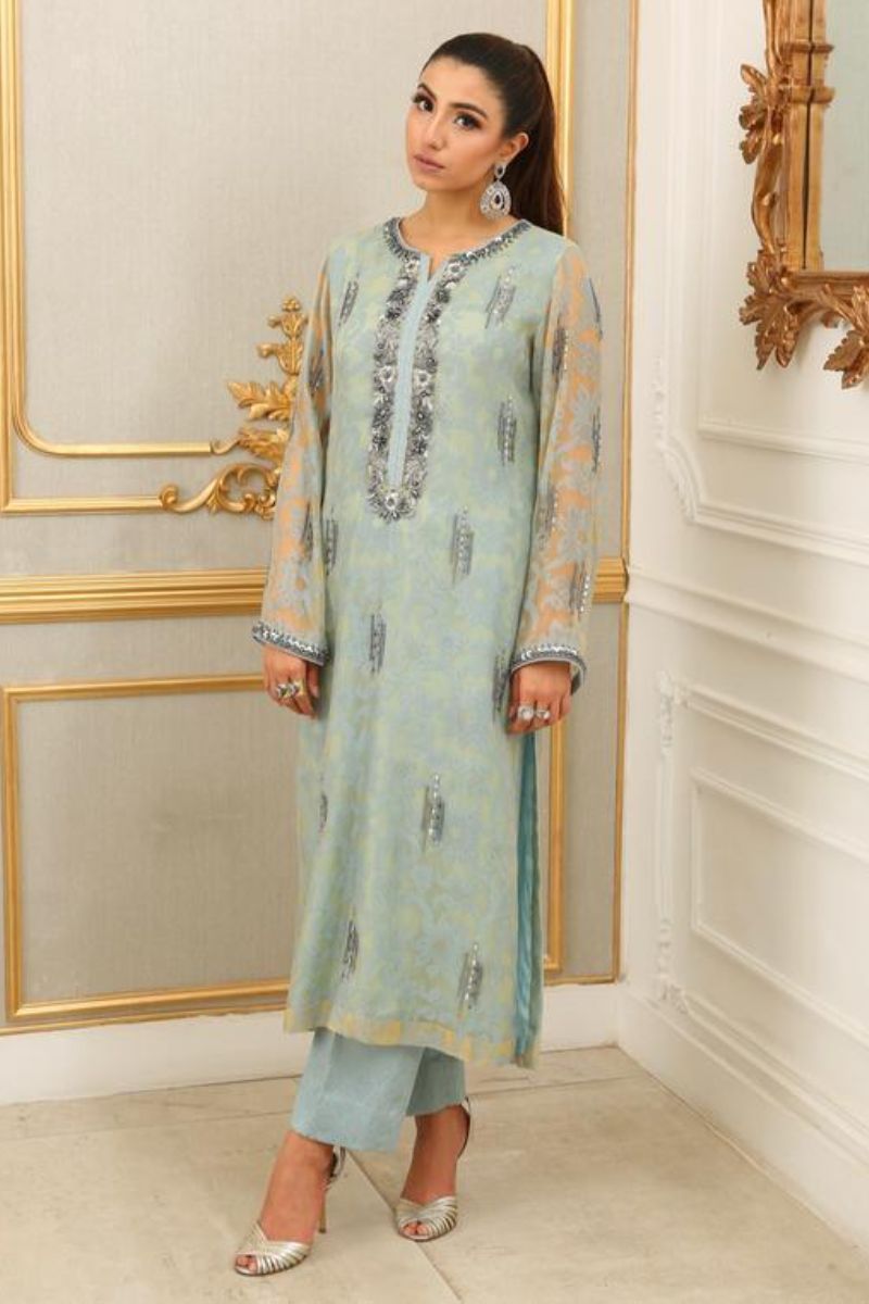Irum Ghani Trends - Teal Blue Flower - 2 Piece