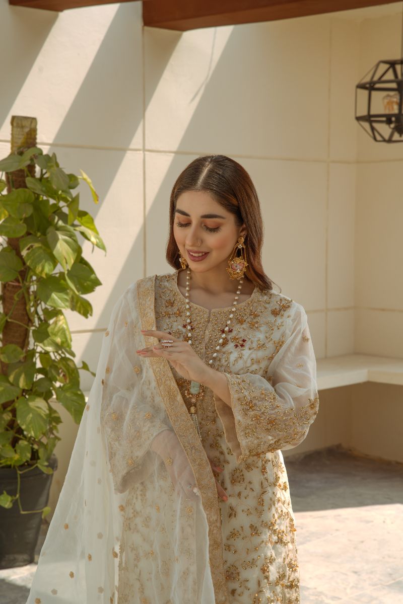 Laleen - Ivory Jewel Organza Suit For Women - Ivory - 3 Piece
