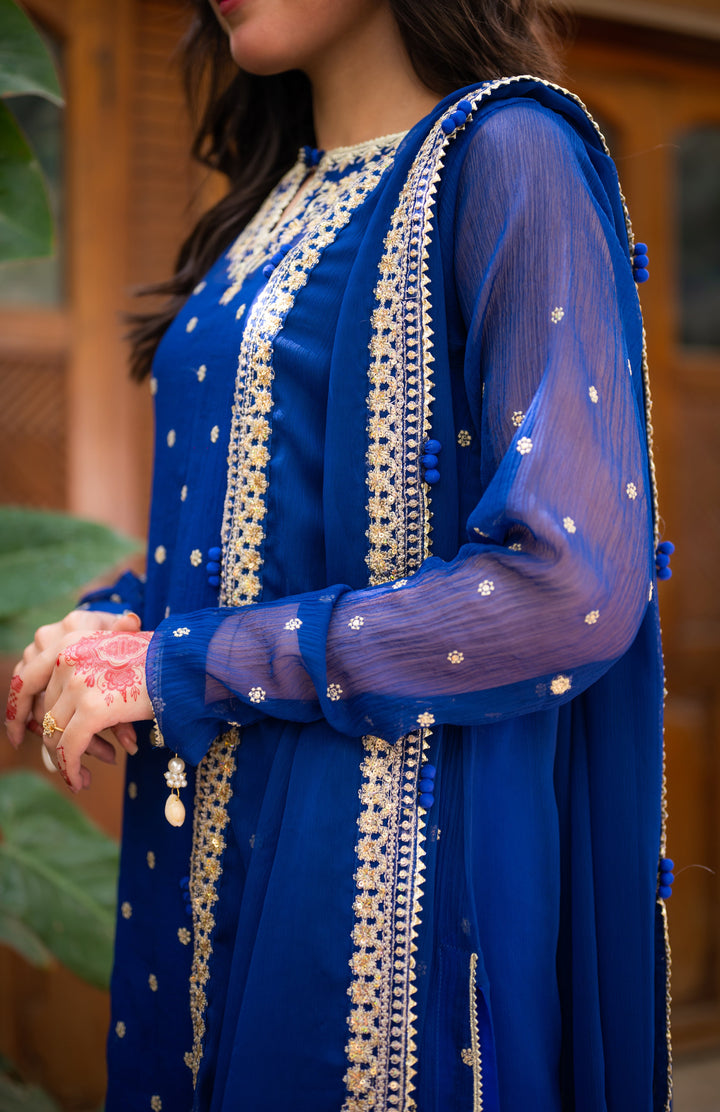 Omal by Komal - Izmir - Blue - Chiffon & Cotton Silk - 4 Piece