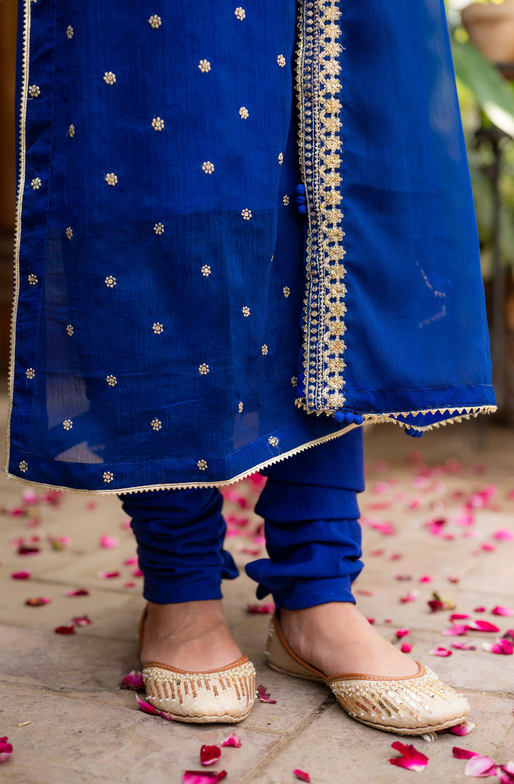 Omal by Komal - Izmir - Blue - Chiffon & Cotton Silk - 4 Piece