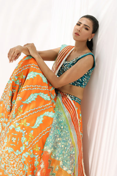 Sania Maskatiya - Jade Velvet/Organza/Rawsilk Suit For Women - Tangerine 3 Piece