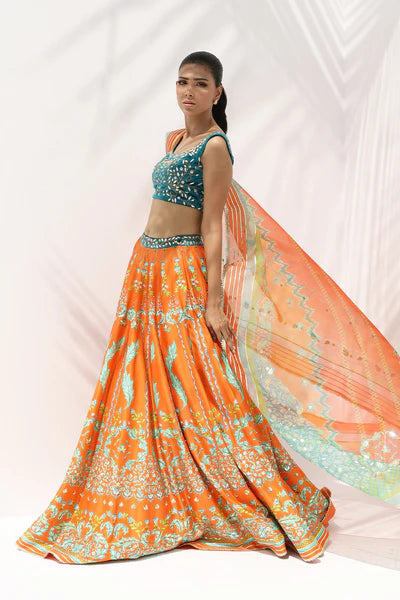 Sania Maskatiya - Jade Velvet/Organza/Rawsilk Suit For Women - Tangerine 3 Piece