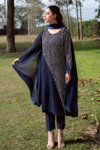 Natasha Kamal - Gorgette Chiffon Jane Suit For Women - Navy  - 3 Piece