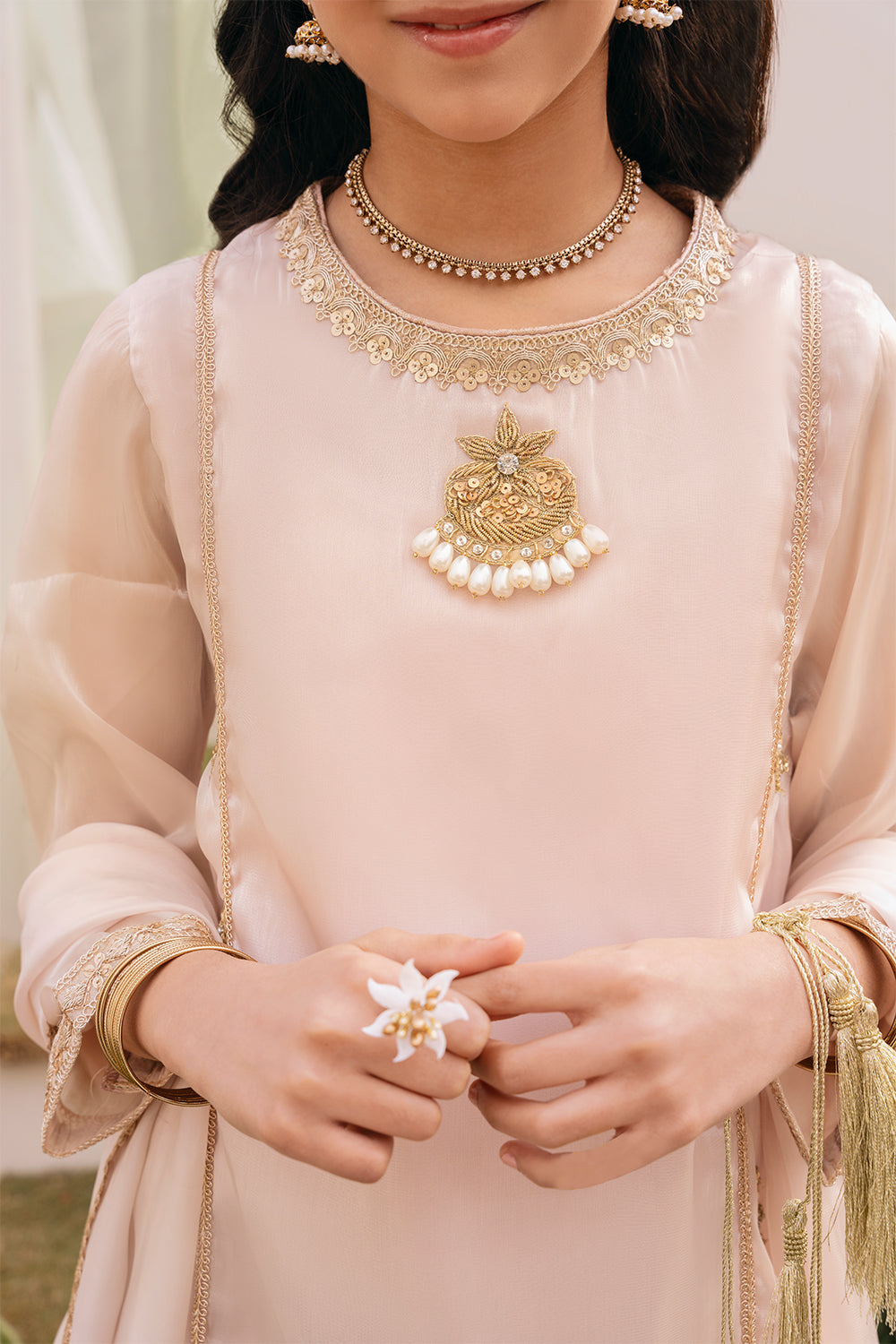 Hummingbirds - Rose Gold Jhumar Jamawar Gharara set For Girl