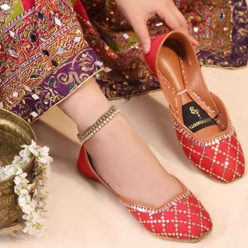 JootiShooti - Shimmer Jaal Rani Red Khussa For Women