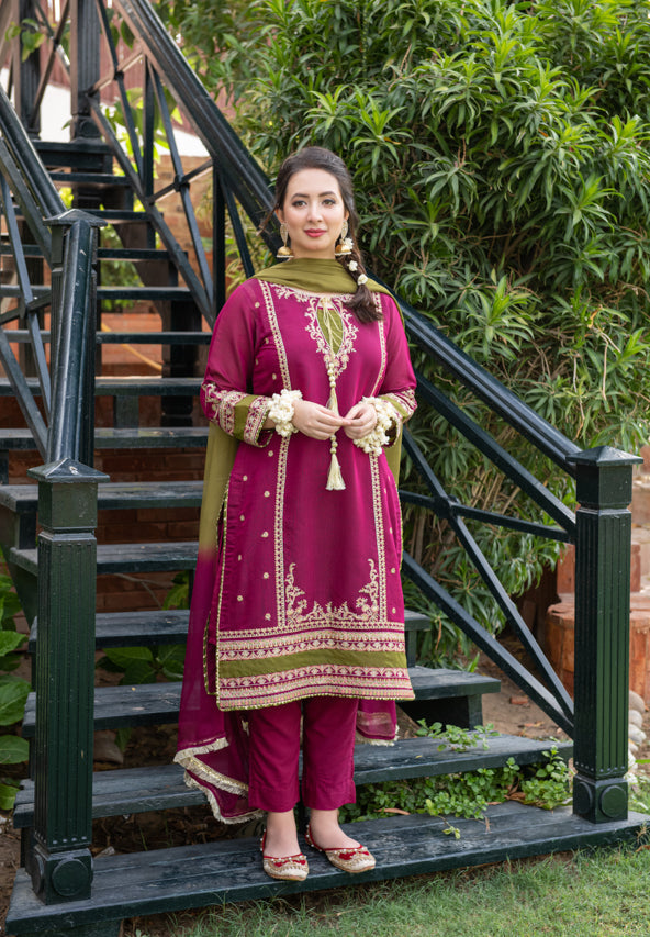 Omal by Komal - MEENA Pink - Paper Cotton & Chiffon - 3 Piece