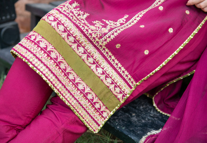 Omal by Komal - MEENA Pink - Paper Cotton & Chiffon - 3 Piece