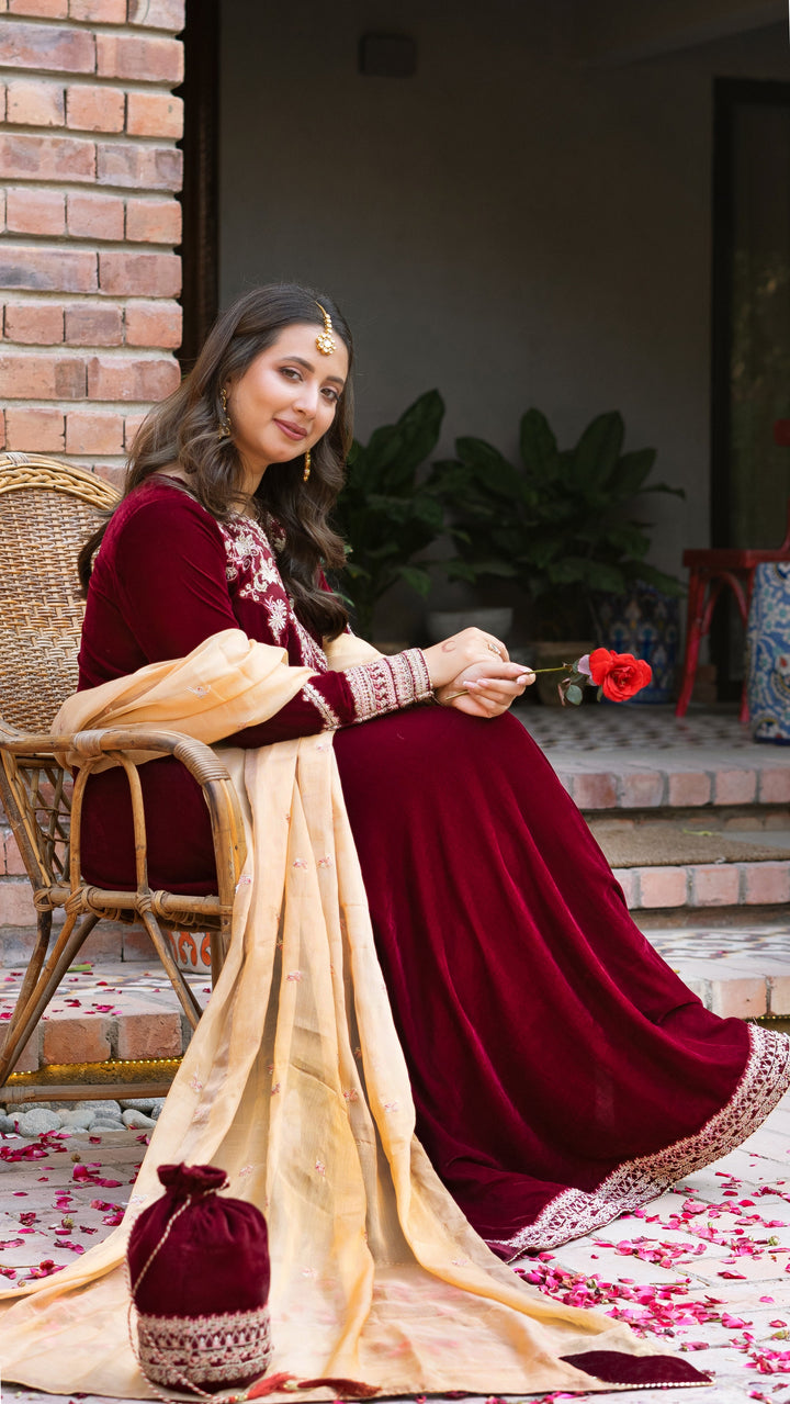 Omal by Komal - Zarmina (Frock & Dupatta) - Maroon - Velvet & Maysuri - 2 Piece
