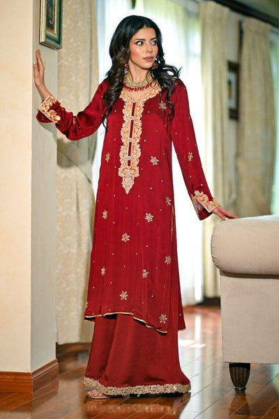 Khayal BY SHAISTA HASSAN - Deep Red Shamoos silk shirt & Izaar - 3 Piece - Studio by TCS