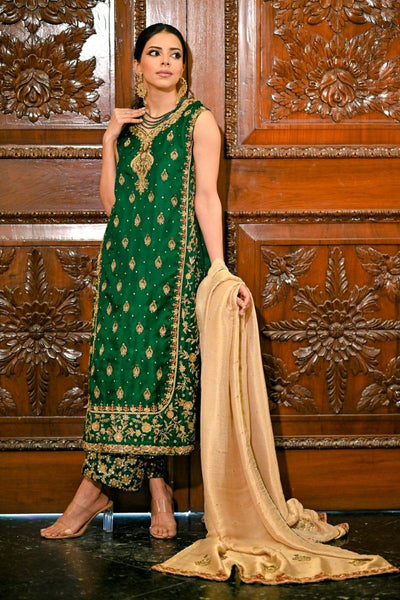 Khayal BY SHAISTA HASSAN - Emerald green in a pure jamawar long shirt - 3 Piece - Studio by TCS