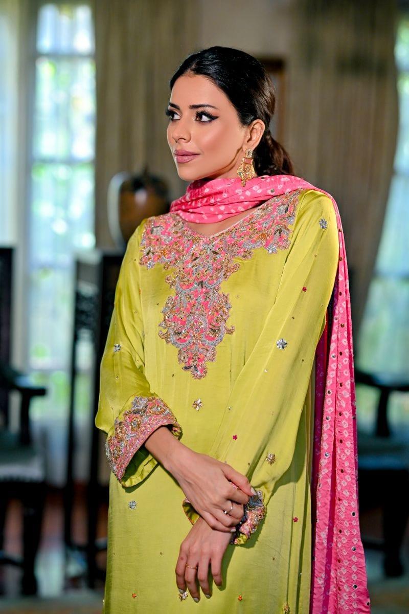 Khayal BY SHAISTA HASSAN - Lime green shamoos silk shirt and Izaar with Dupatta - 3 Piece - Studio by TCS