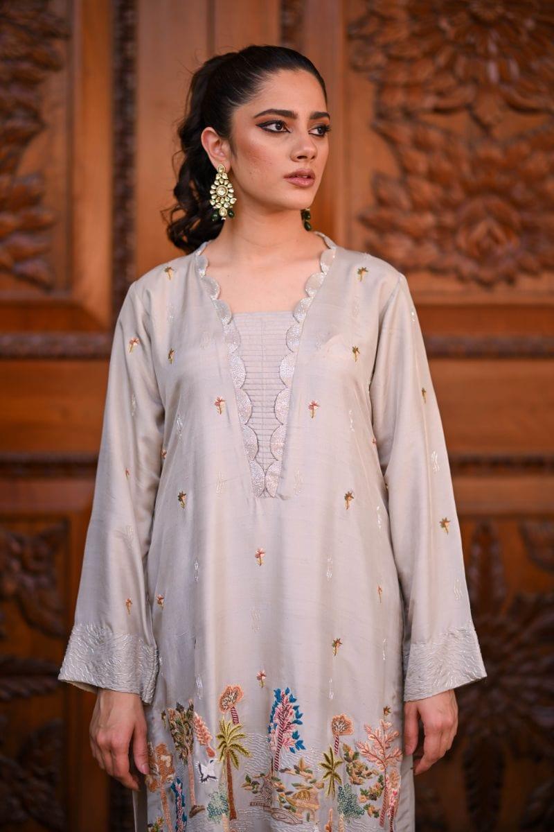 Khayal BY SHAISTA HASSAN - Grey with signature embroidery - Raw Silk - 3 Piece - Studio by TCS