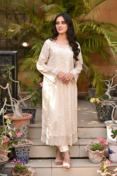 Khayal BY SHAISTA HASSAN - Off-white embroidered jaal net kalidar with pearls and sequins - 3 Piece - Studio by TCS