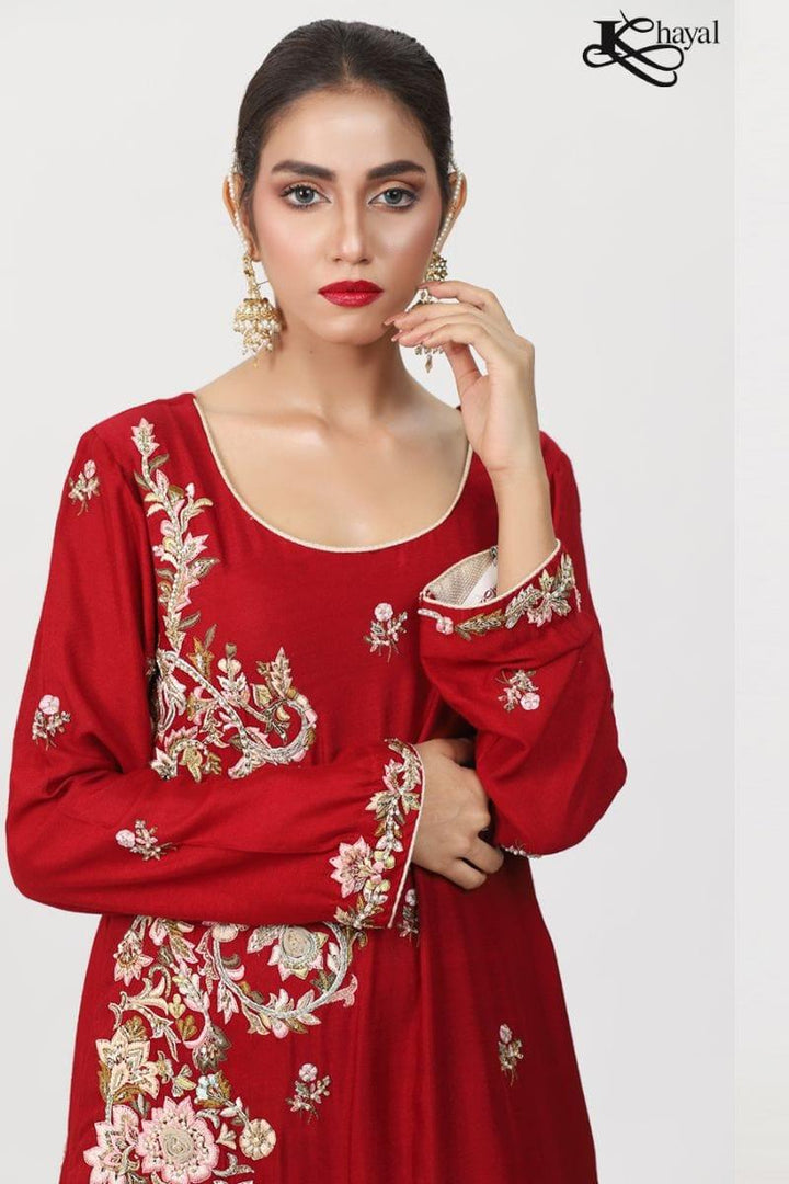 Khayal BY SHAISTA HASSAN - Red cotton silk straight shirt with threadwork and staight pants and duppata - 3 Piece - Studio by TCS