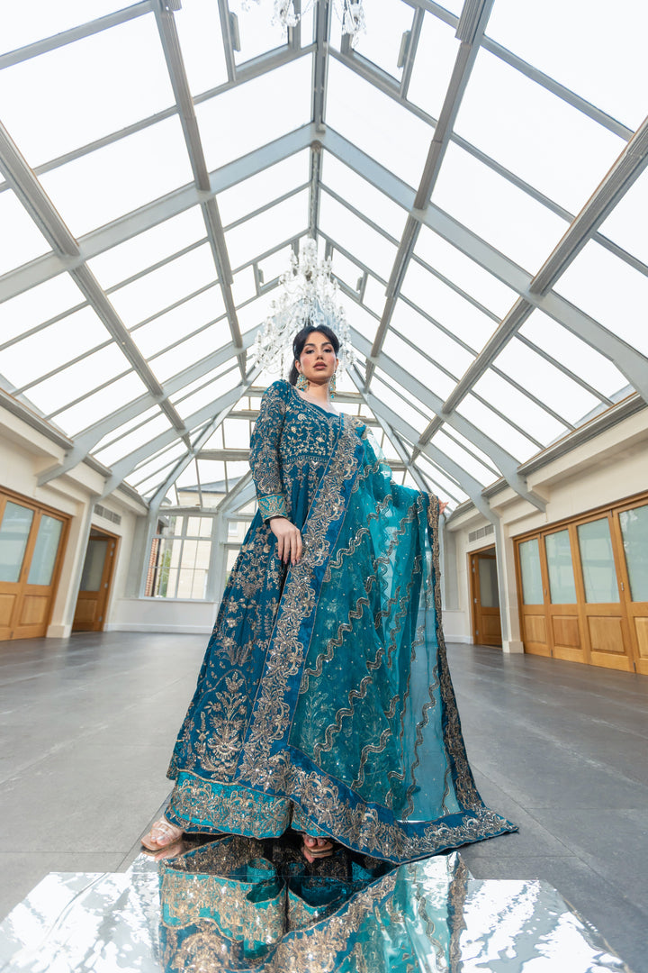 Kaanchi London - Gul Mehr Organza Pishwas For Women - Teal Blue - 3 Piece