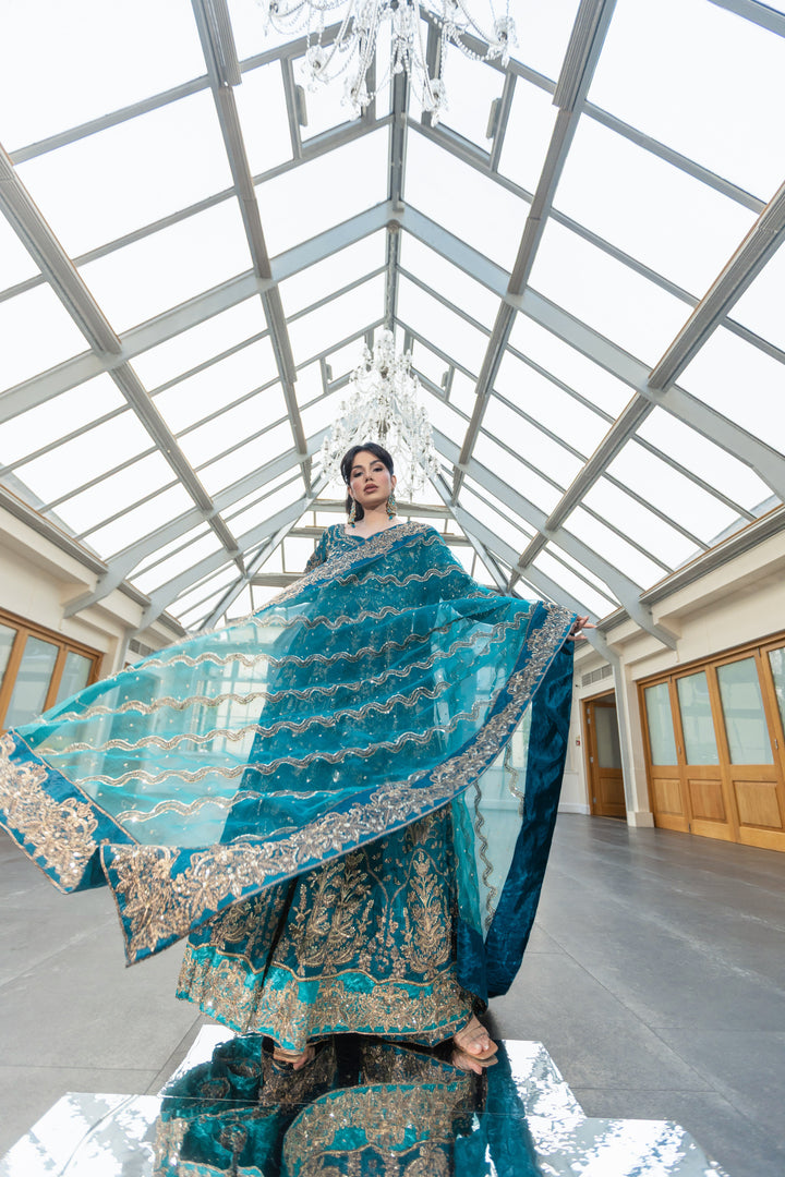 Kaanchi London - Gul Mehr Organza Pishwas For Women - Teal Blue - 3 Piece