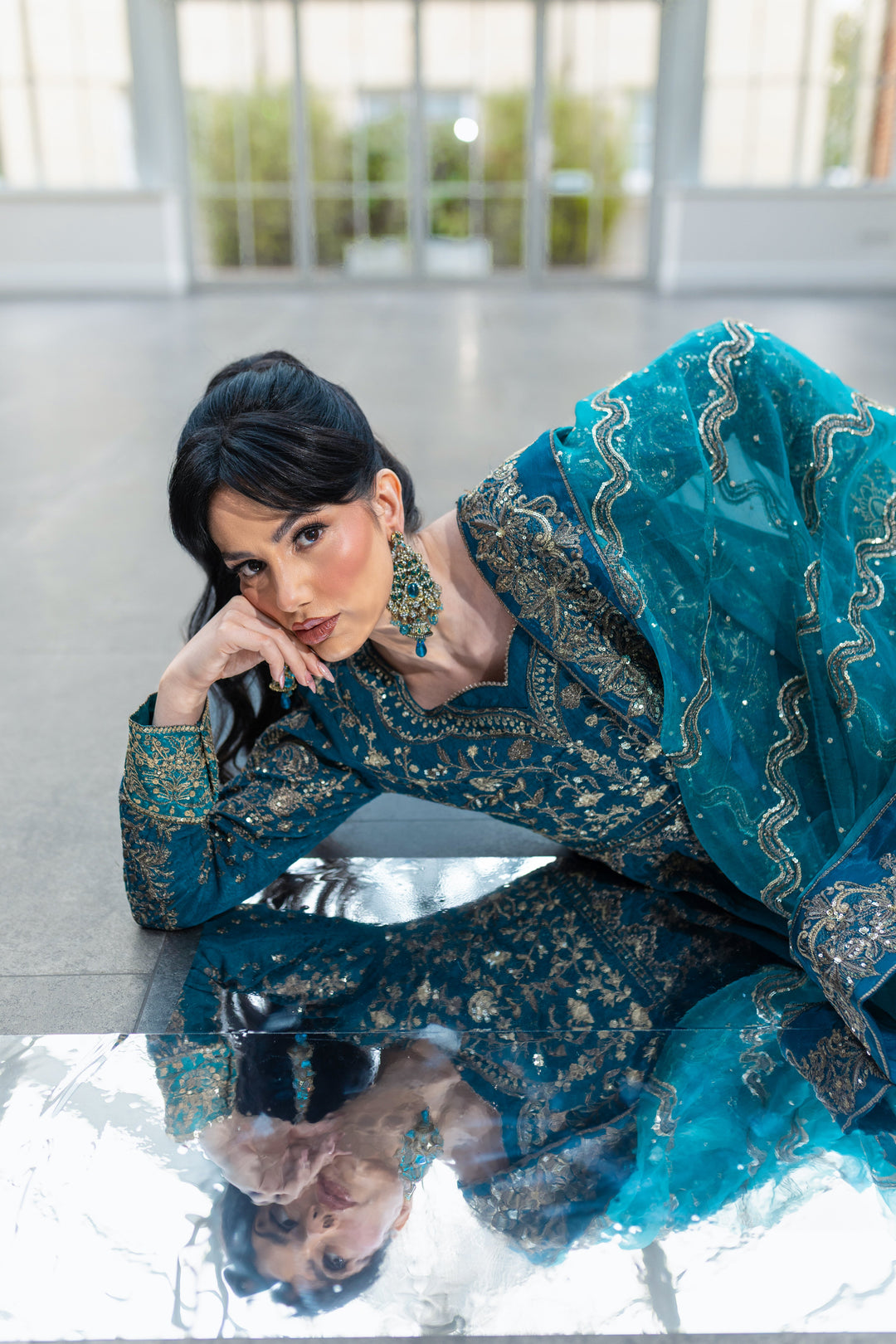 Kaanchi London - Gul Mehr Organza Pishwas For Women - Teal Blue - 3 Piece