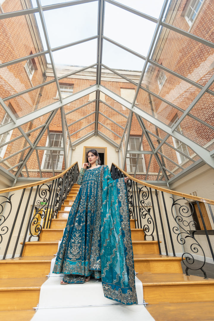 Kaanchi London - Gul Mehr Organza Pishwas For Women - Teal Blue - 3 Piece