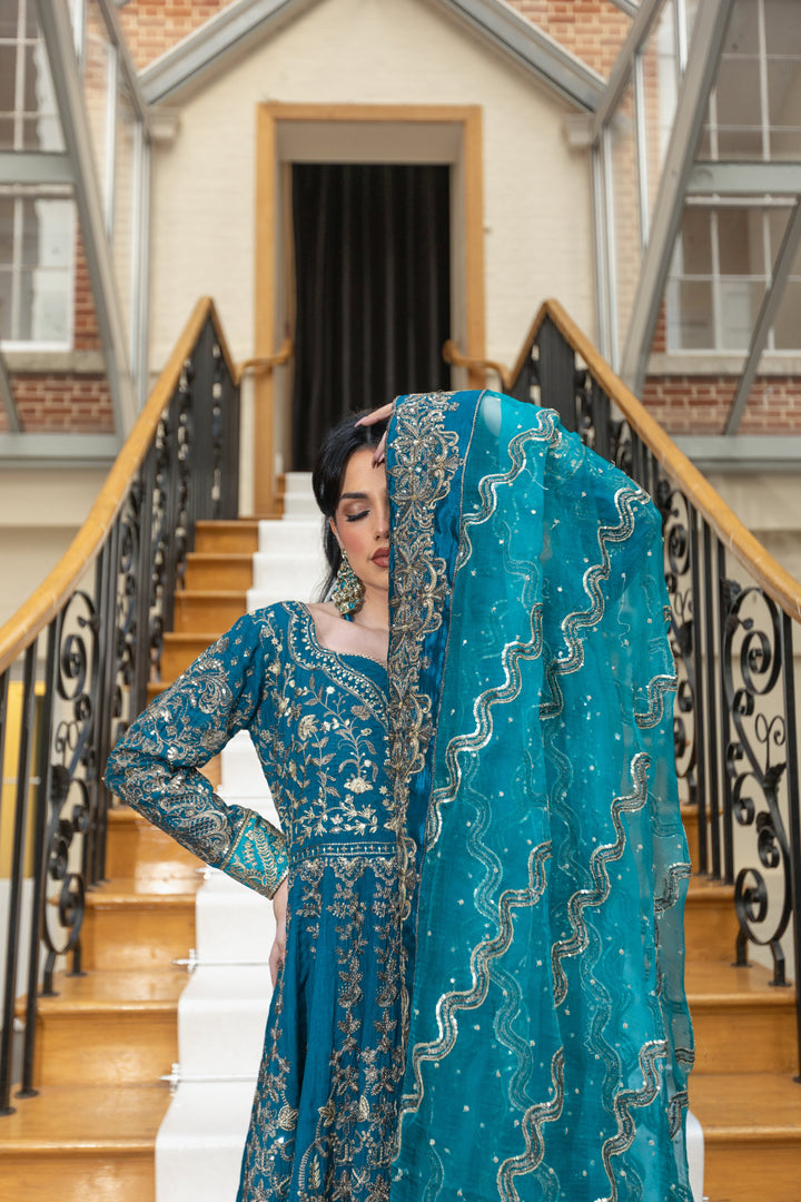 Kaanchi London - Gul Mehr Organza Pishwas For Women - Teal Blue - 3 Piece