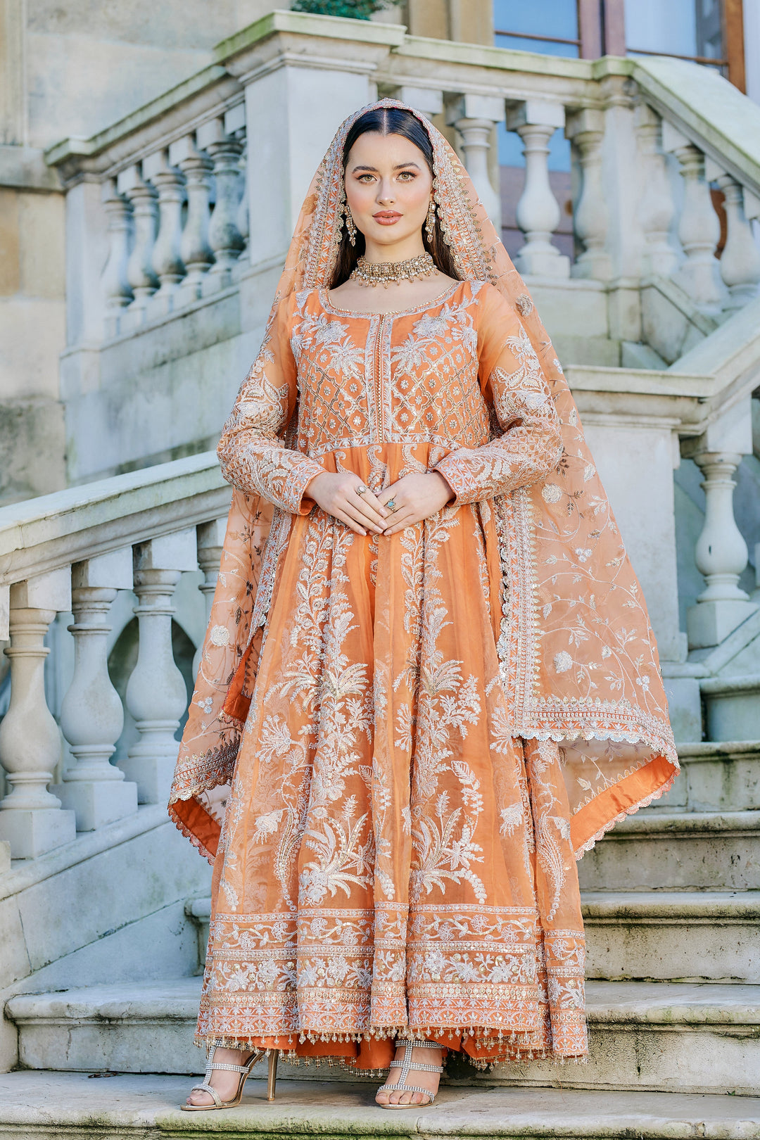 Kaanchi London - Hoor Organza Pishwas For Women - Orange - 3 Piece
