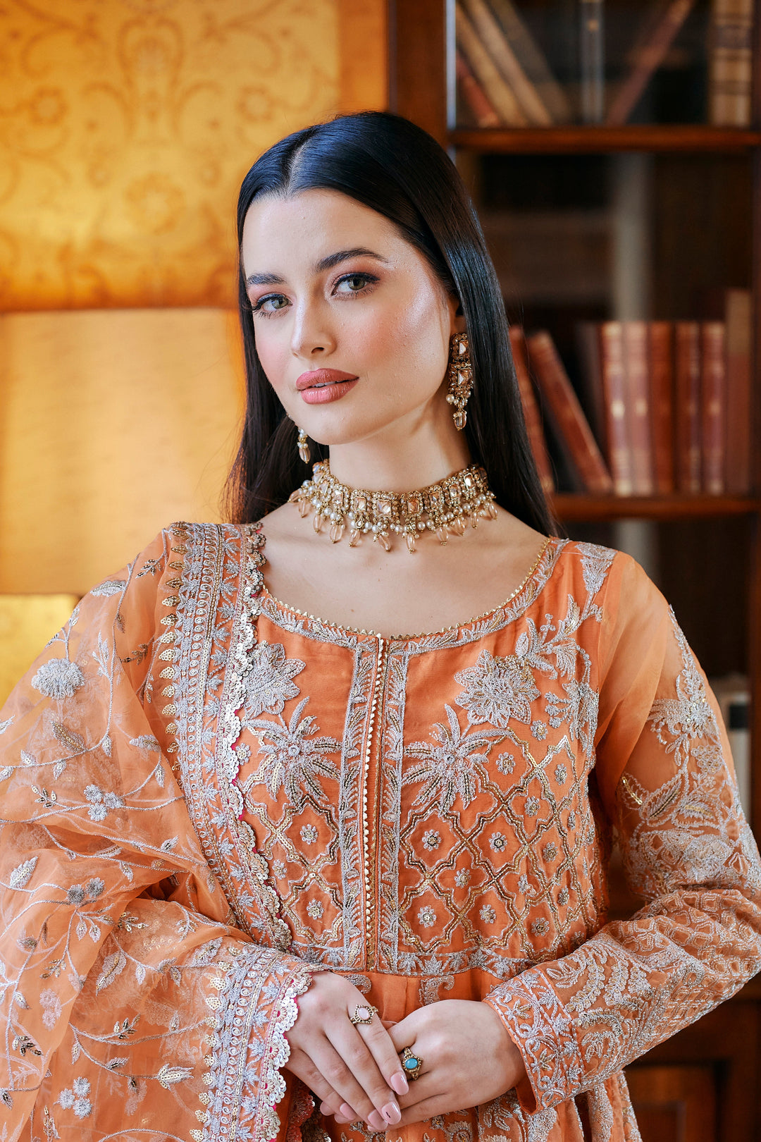 Kaanchi London - Hoor Organza Pishwas For Women - Orange - 3 Piece