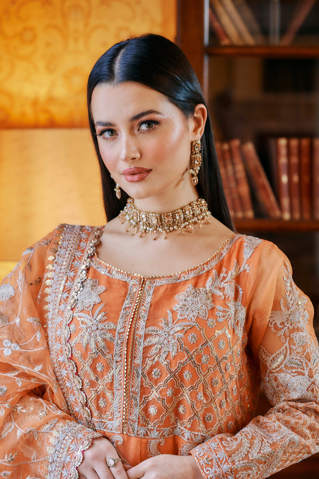 Kaanchi London - Hoor Organza Pishwas For Women - Orange - 3 Piece