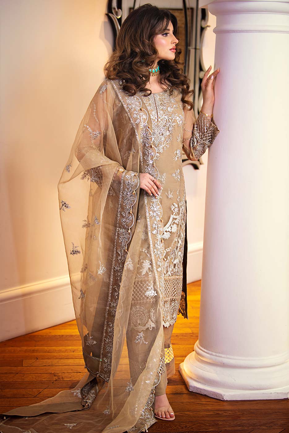 Kaanchi London - Maham Organza Suit For Women - Beige - 3 Piece