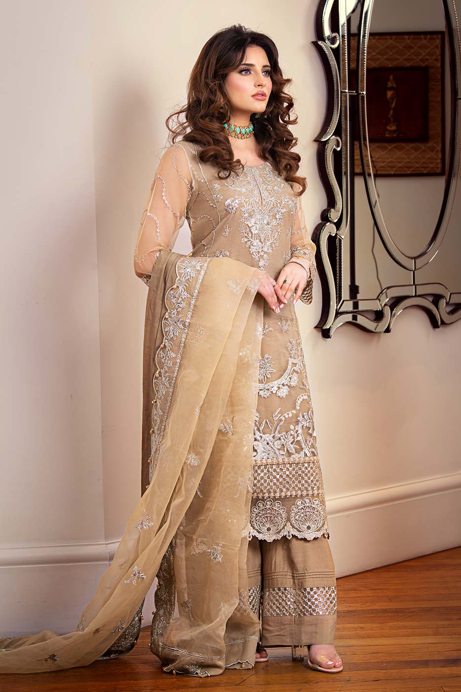Kaanchi London - Maham Organza Suit For Women - Beige - 3 Piece