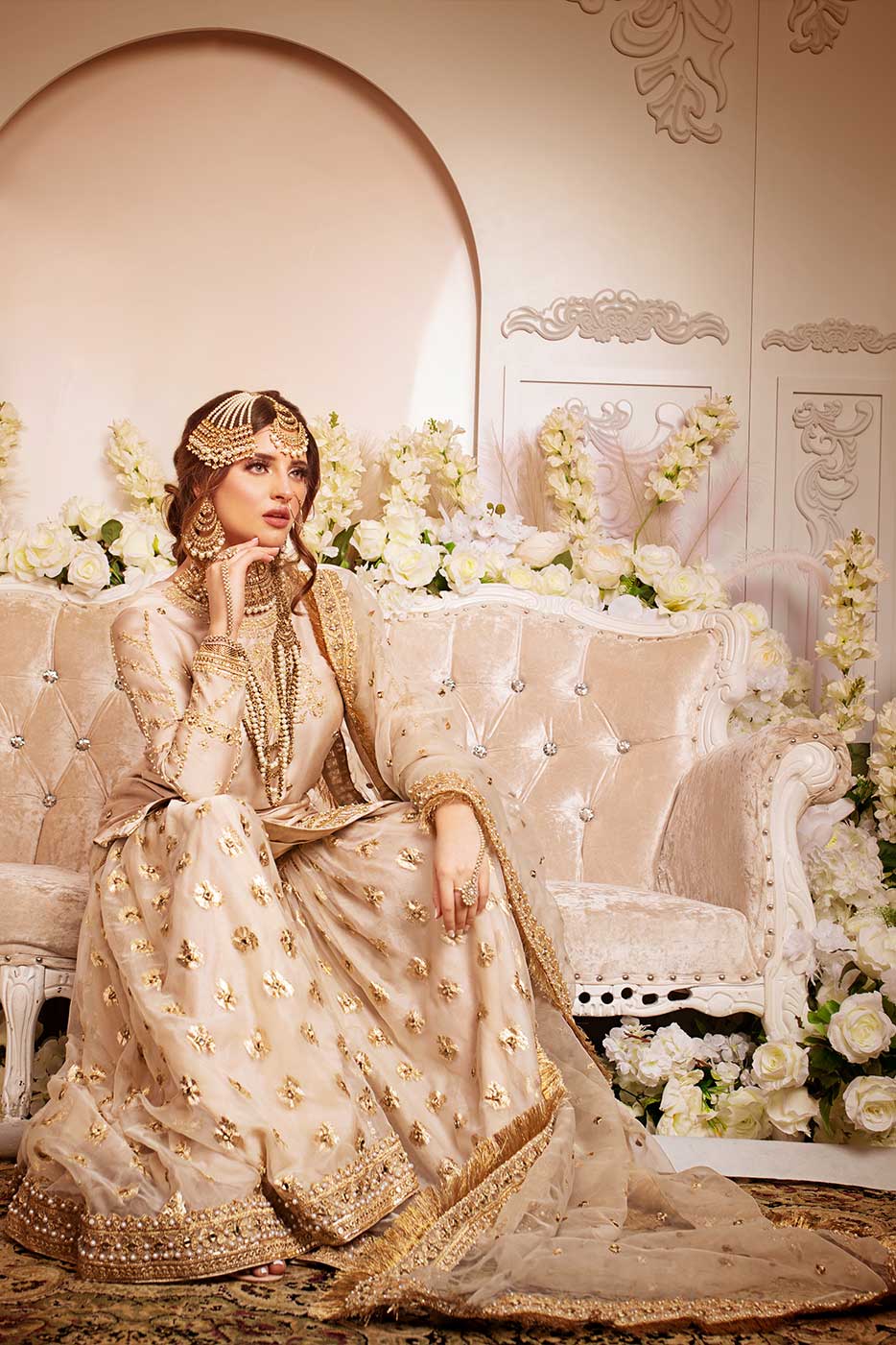 Kaanchi London - Malika Charmeuse Silk Gharara For Women - Golden - 3 Piece