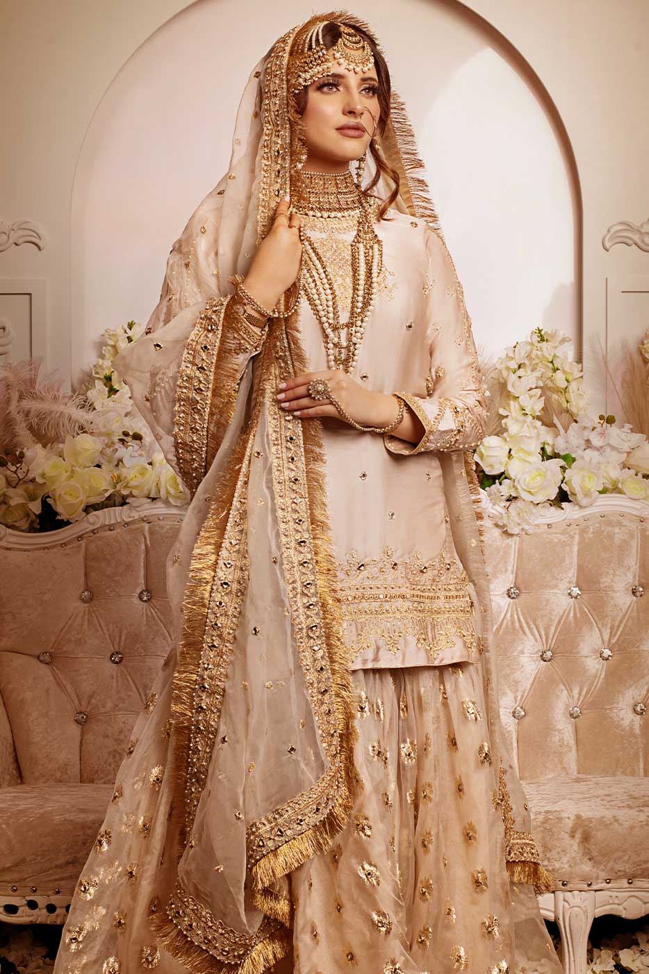 Kaanchi London - Malika Charmeuse Silk Gharara For Women - Golden - 3 Piece
