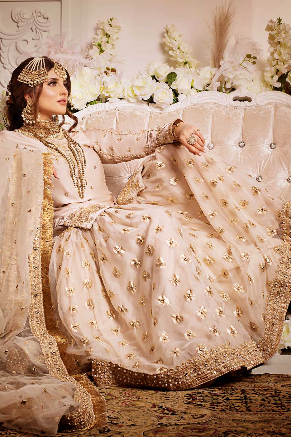 Kaanchi London - Malika Charmeuse Silk Gharara For Women - Golden - 3 Piece