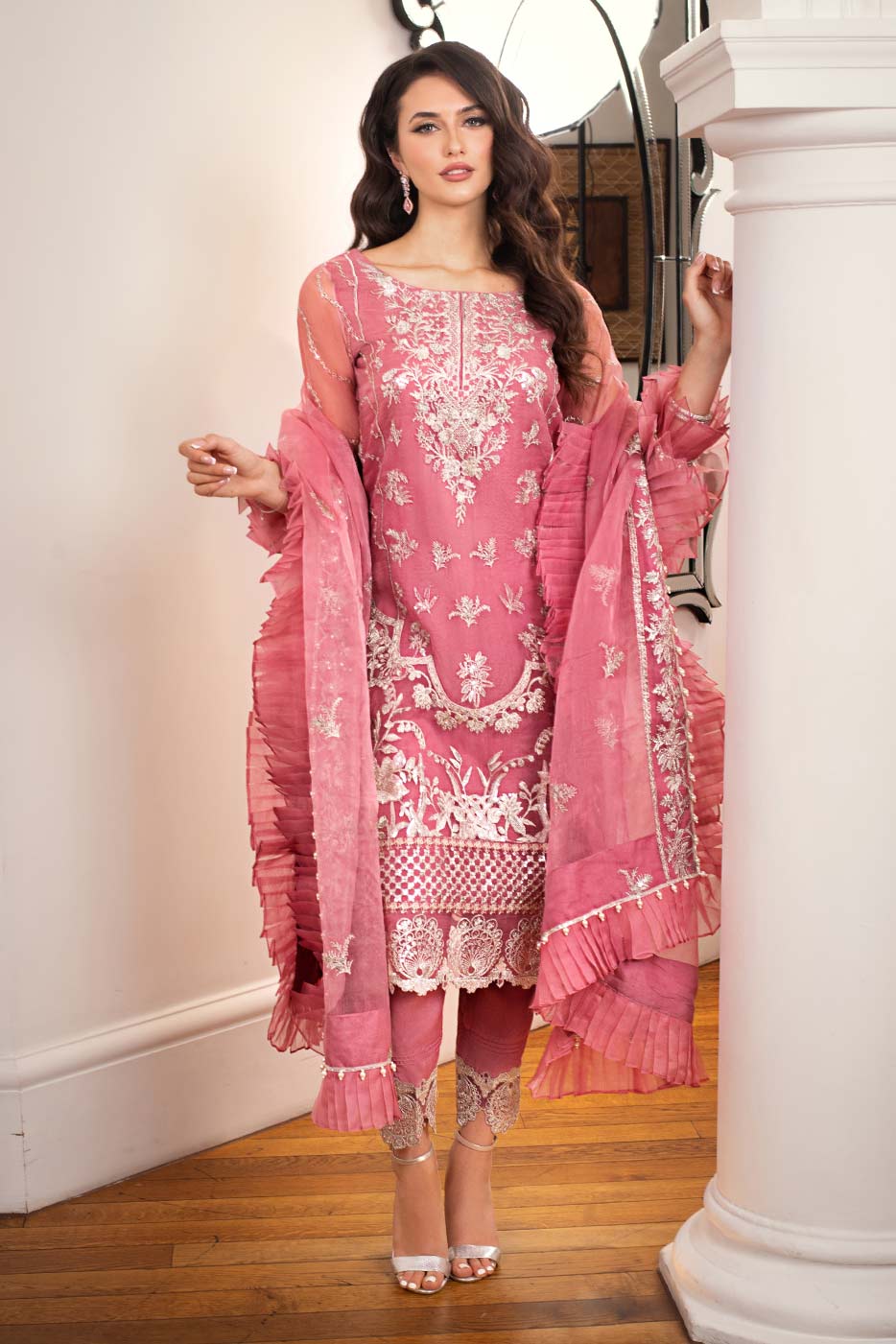 Kaanchi London - Mehru Organza Suit For Women - Pink - 3 Piece