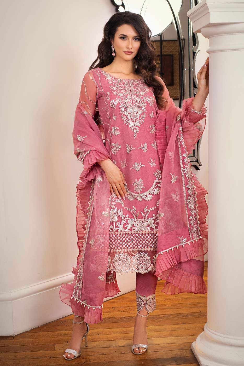 Kaanchi London - Mehru Organza Suit For Women - Pink - 3 Piece