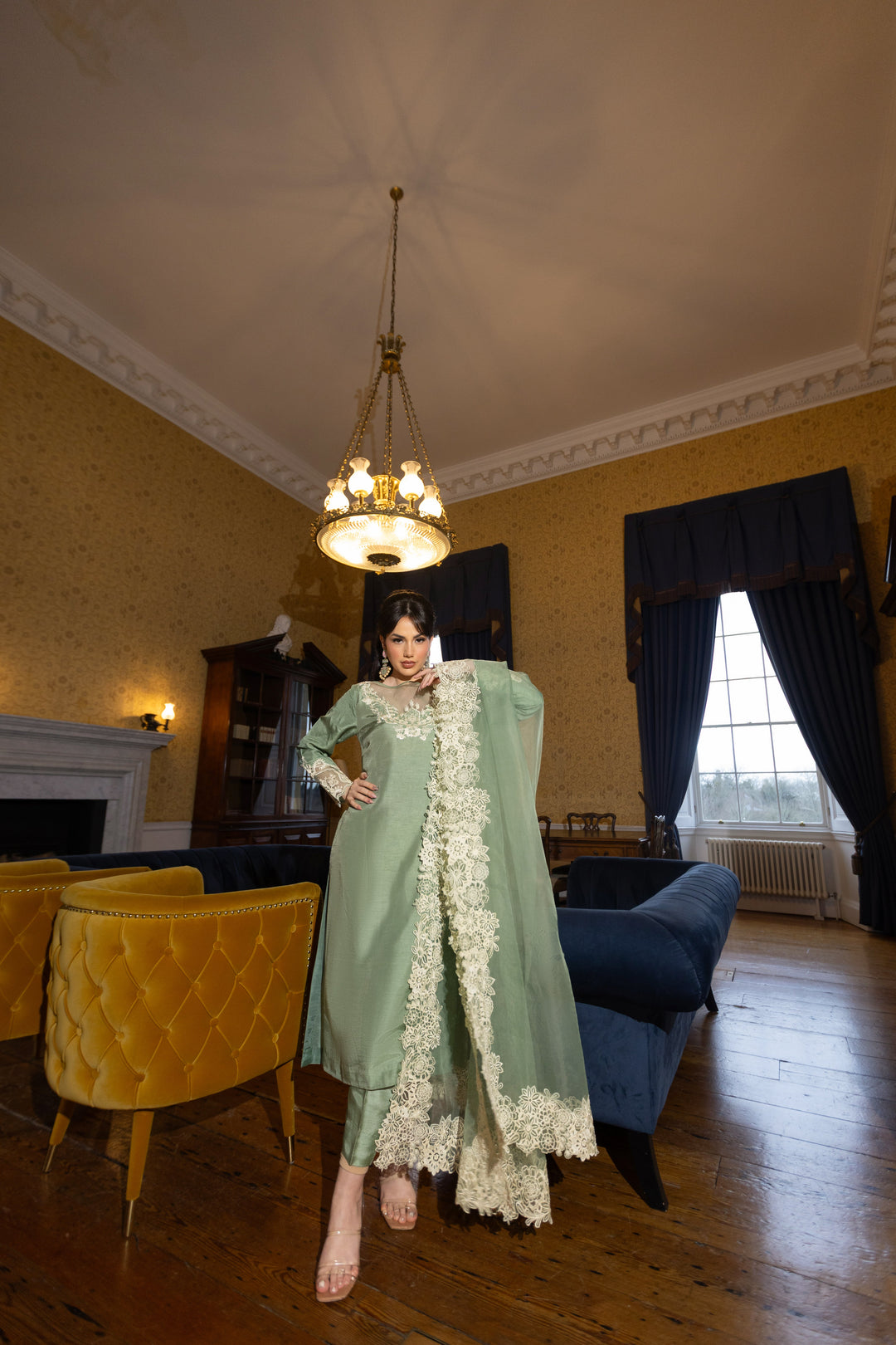 Kaanchi London - Nargis Raw Silk Suit For Women - Sage - 3 Piece