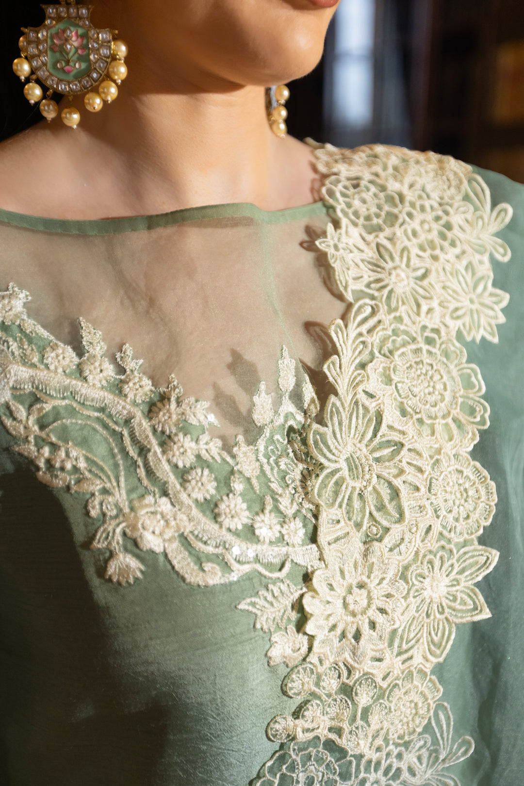 Kaanchi London - Nargis Raw Silk Suit For Women - Sage - 3 Piece