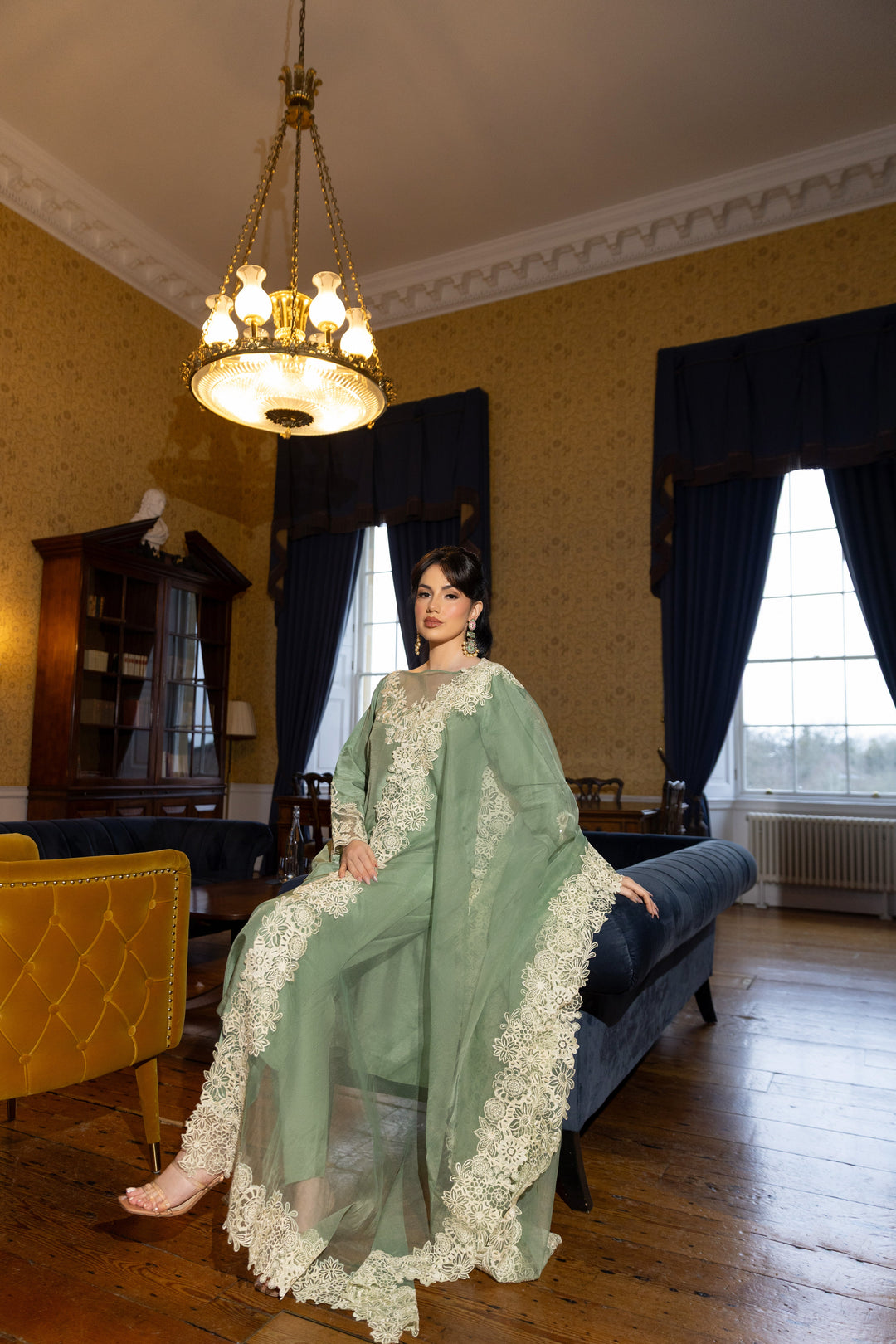 Kaanchi London - Nargis Raw Silk Suit For Women - Sage - 3 Piece