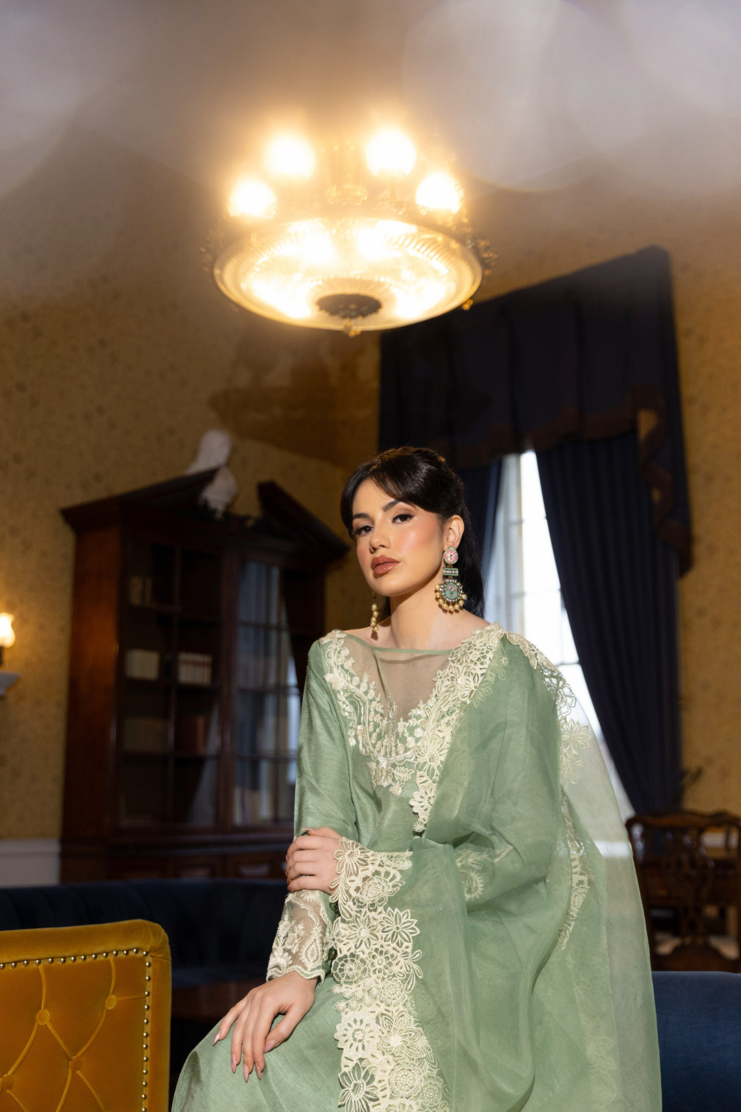 Kaanchi London - Nargis Raw Silk Suit For Women - Sage - 3 Piece