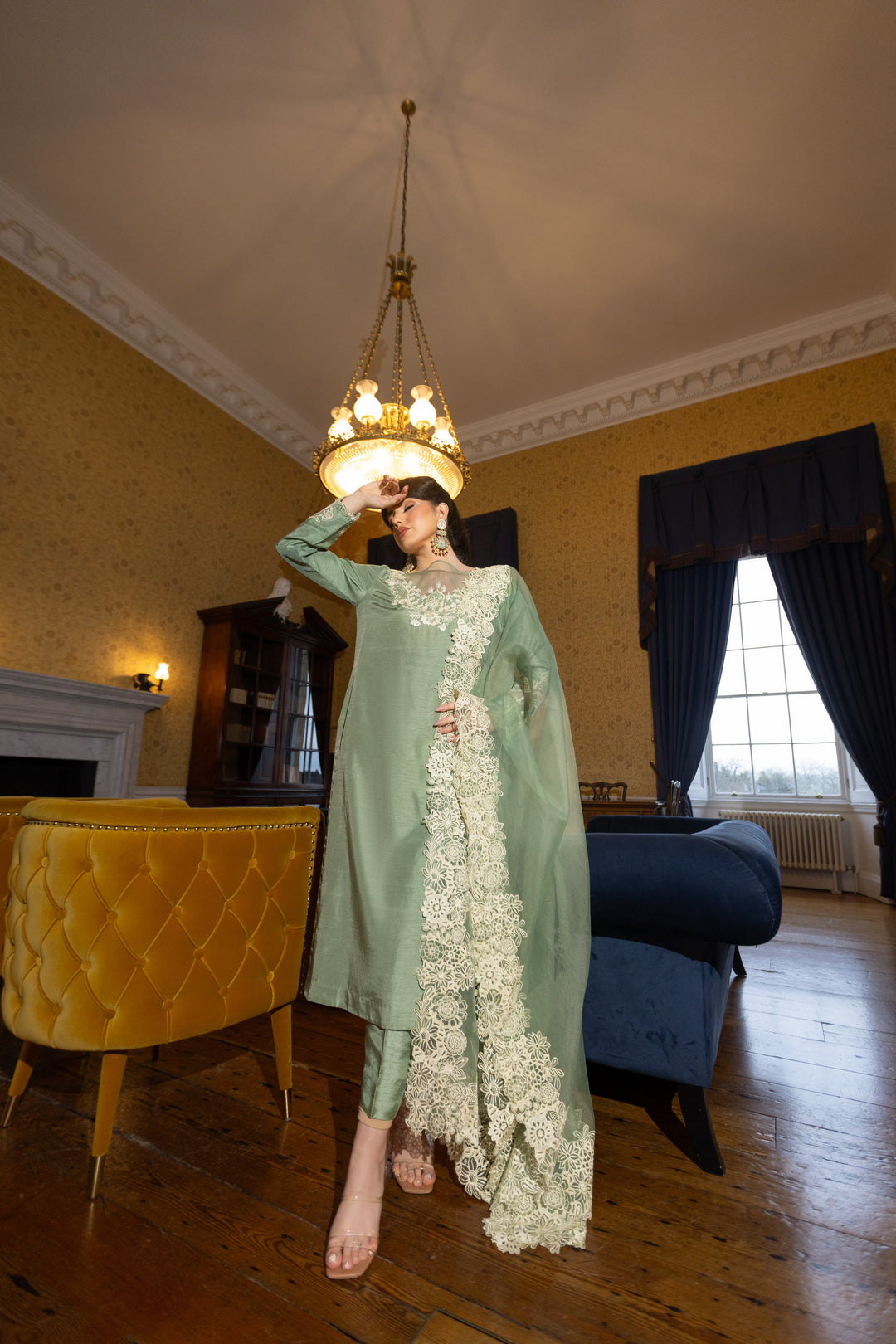 Kaanchi London - Nargis Raw Silk Suit For Women - Sage - 3 Piece