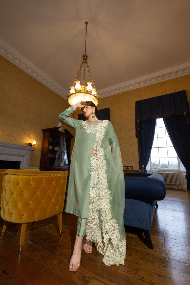 Kaanchi London - Nargis Raw Silk Suit For Women - Sage - 3 Piece