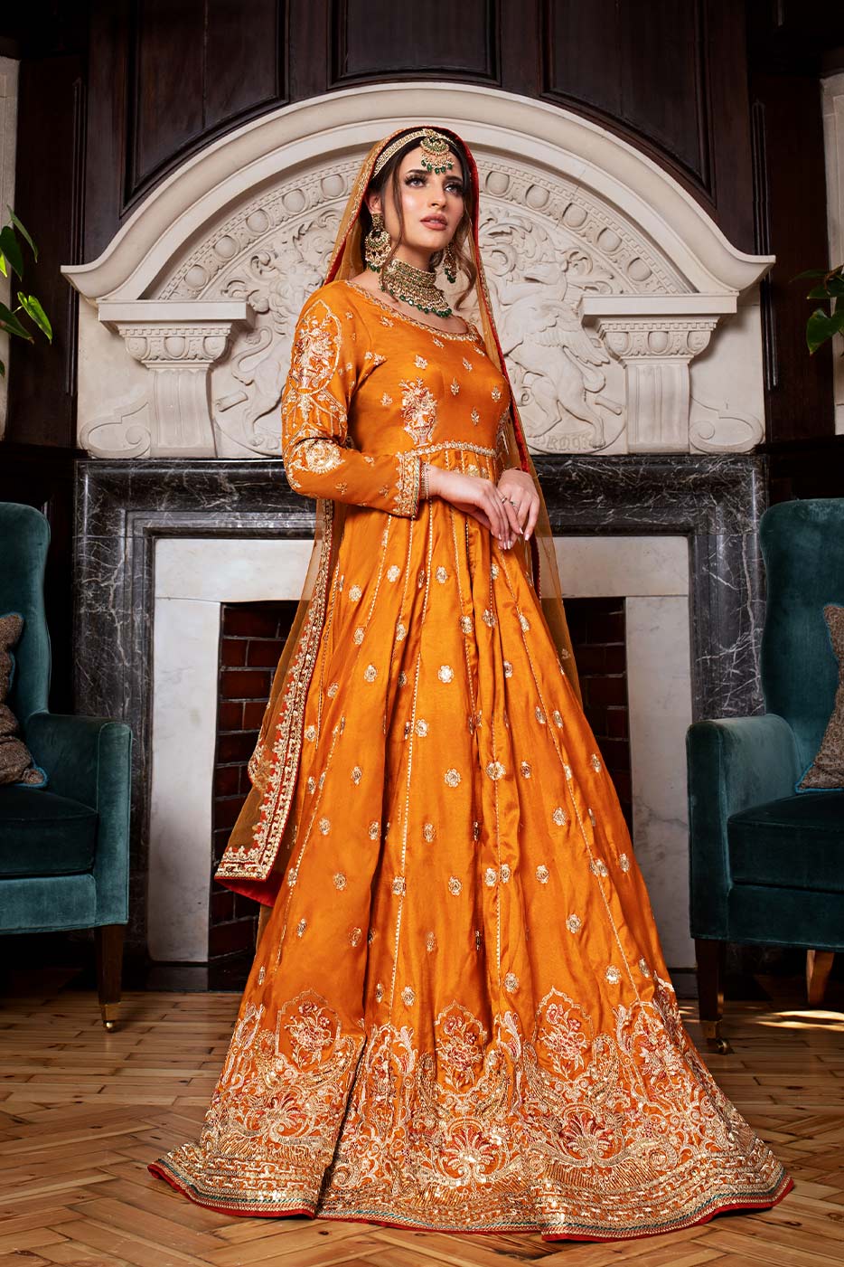 Kaanchi London - Nazneen Raw Silk Pishwas For Women - Orange - 3 Piece