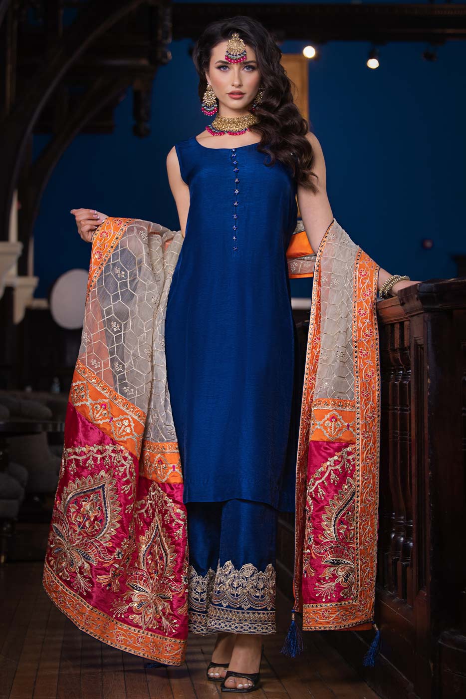 Kaanchi London - Neelofer Raw Silk Suit For Women - Blue - 3 Piece