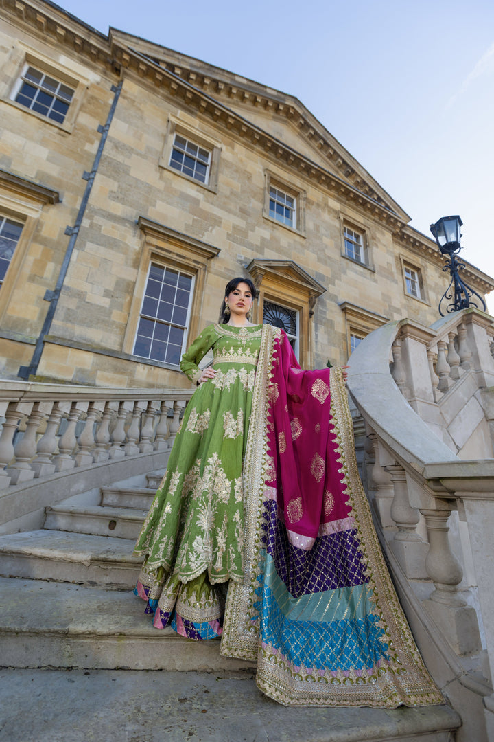 Kaanchi London - Rang-e-Hina Raw Silk Lehenga For Women - Green - 3 Piece