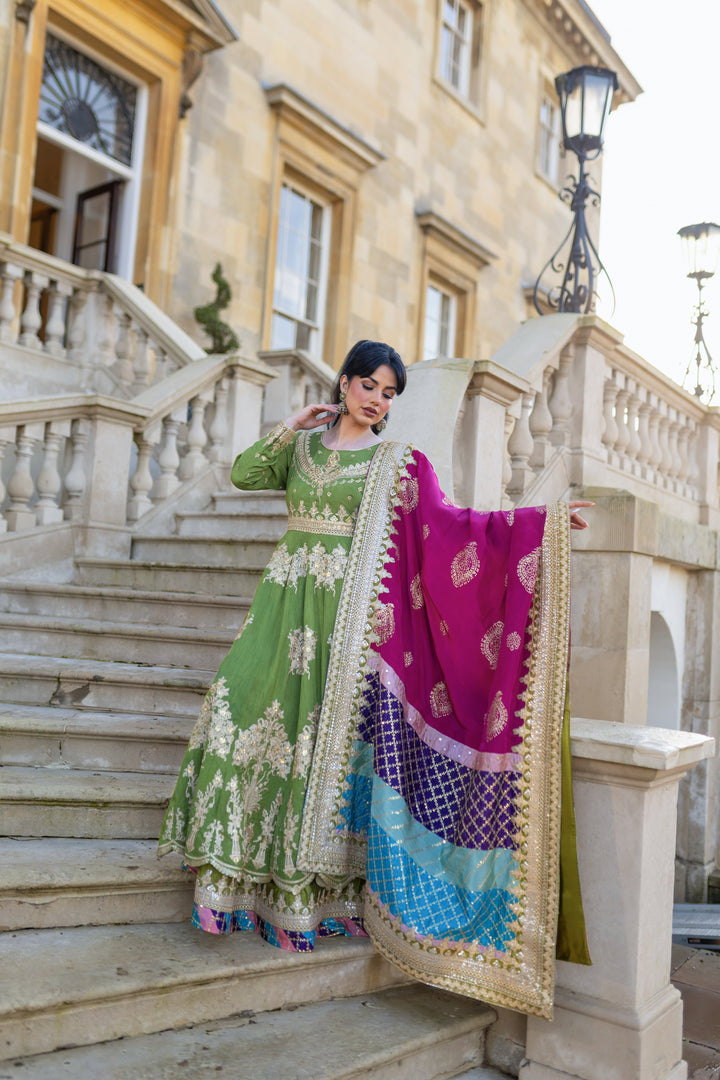 Kaanchi London - Rang-e-Hina Raw Silk Lehenga For Women - Green - 3 Piece