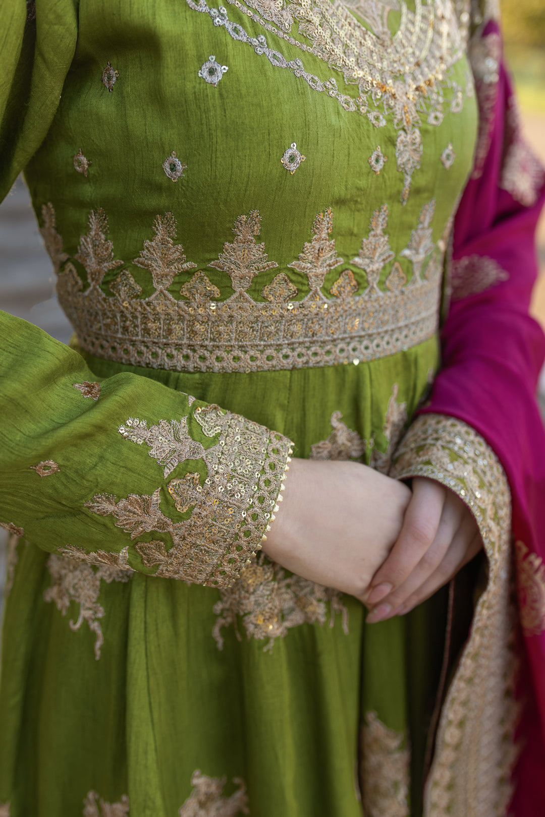 Kaanchi London - Rang-e-Hina Raw Silk Lehenga For Women - Green - 3 Piece