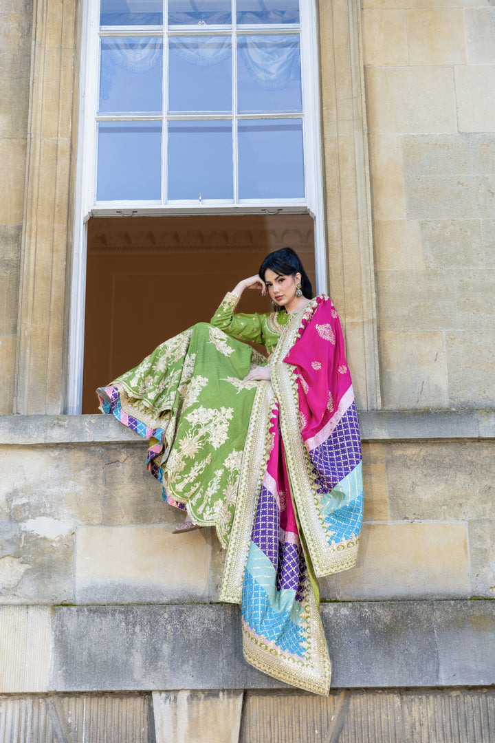 Kaanchi London - Rang-e-Hina Raw Silk Lehenga For Women - Green - 3 Piece