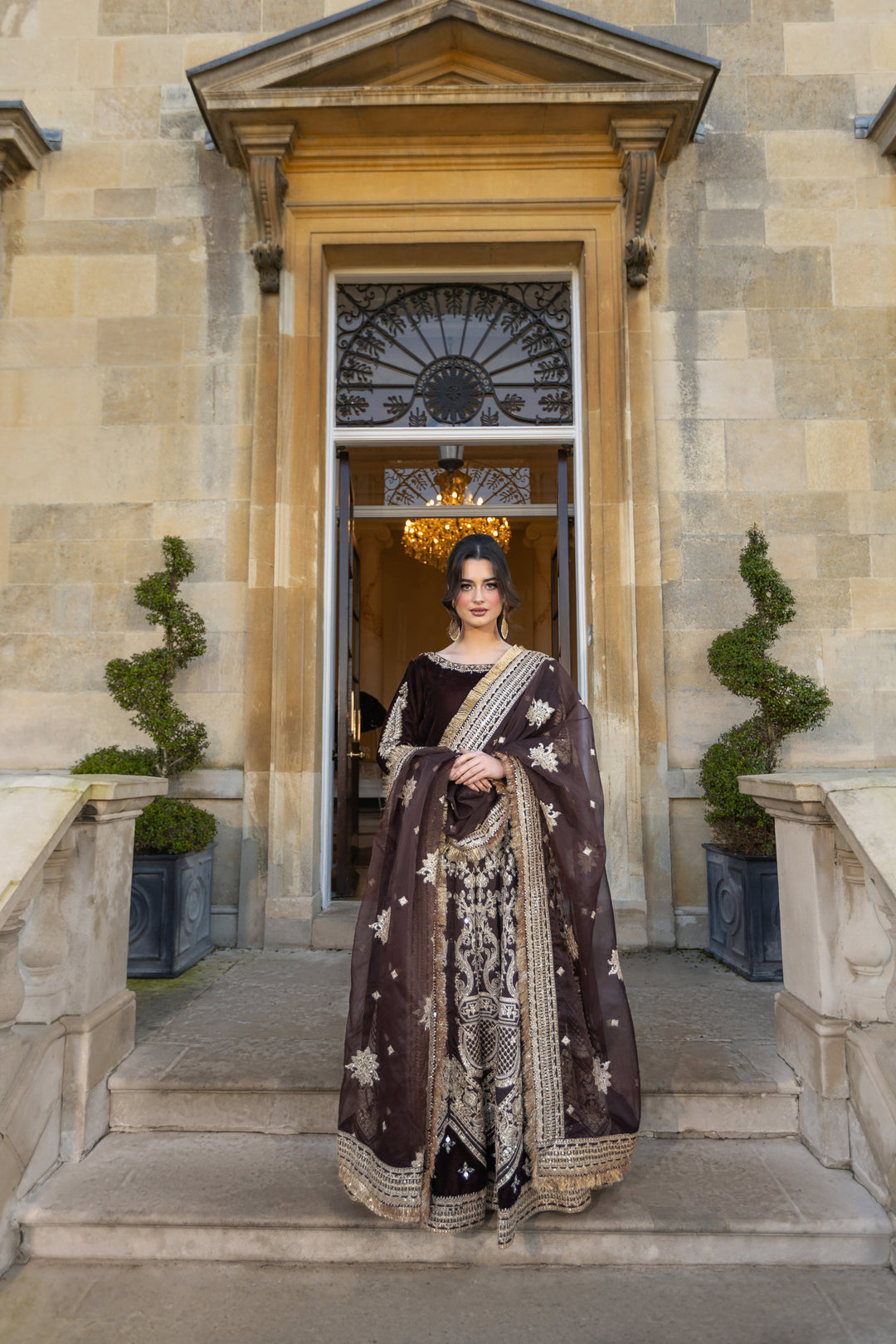 Kaanchi London - Zeb-un-Nisa Raw Silk Lehenga For Women - Deep Cocoa - 3 Piece
