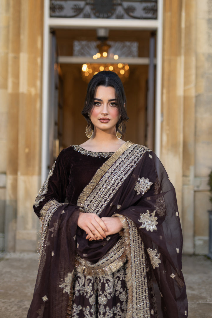 Kaanchi London - Zeb-un-Nisa Raw Silk Lehenga For Women - Deep Cocoa - 3 Piece