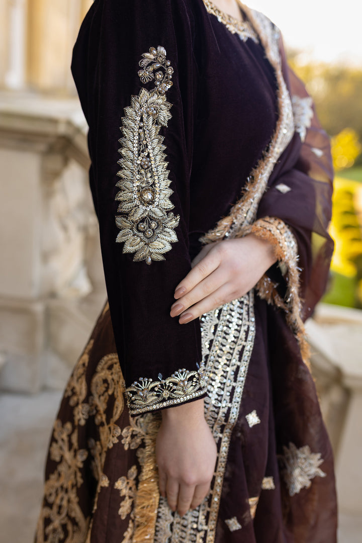 Kaanchi London - Zeb-un-Nisa Raw Silk Lehenga For Women - Deep Cocoa - 3 Piece