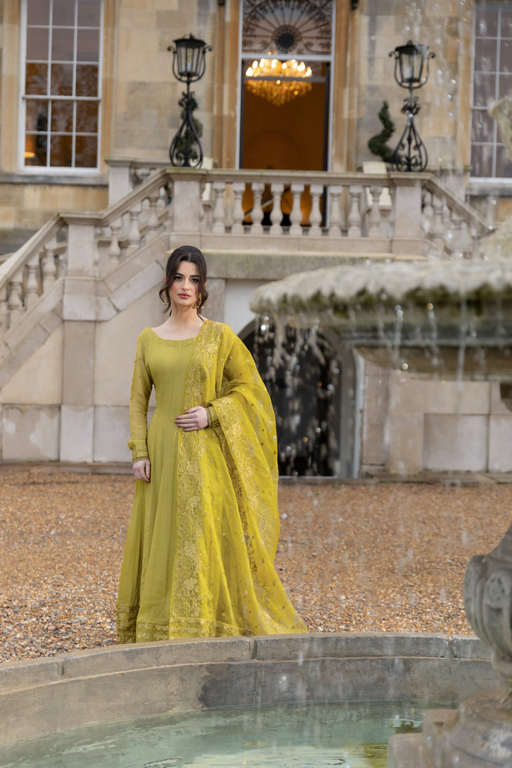 Kaanchi London - Zimal Chiffon Pishwas For Women - Lime Green - 3 Piece